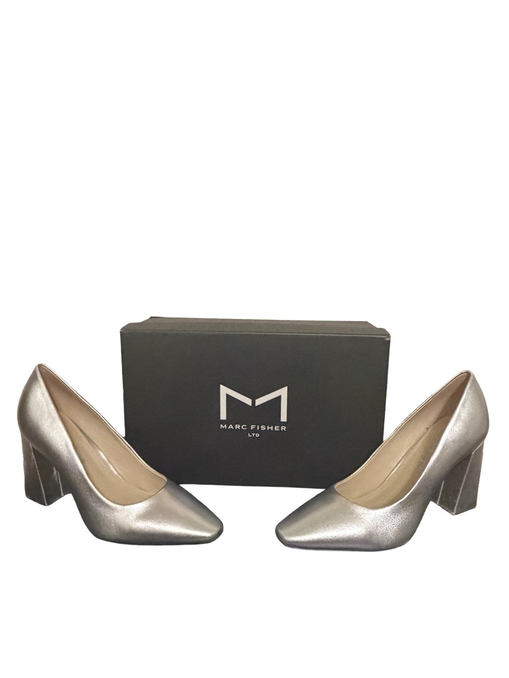 Marc Fisher LTD Yalina Silver Metallic Block Heel Dress Pumps Size 5M NIB